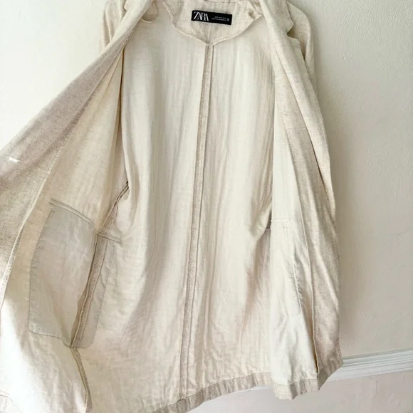Zara Linen Blend Cream Tan Rustic Oversized Long Blazer Jacket - Picture 8 of 10